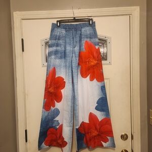 Floral Wide Leg Pants - Red and Blue